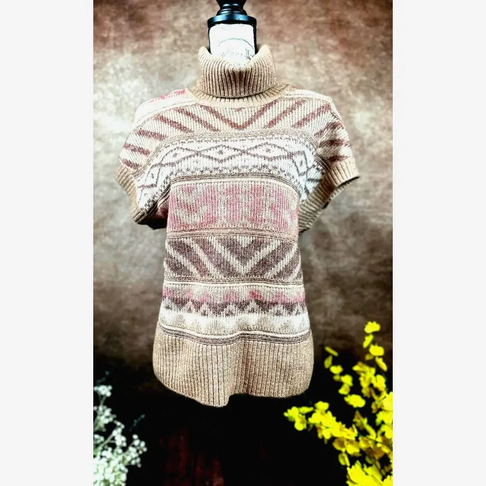 Design History Ribbed Cap Sleeved Turtleneck Brown Multi L - Picture 4 of 10